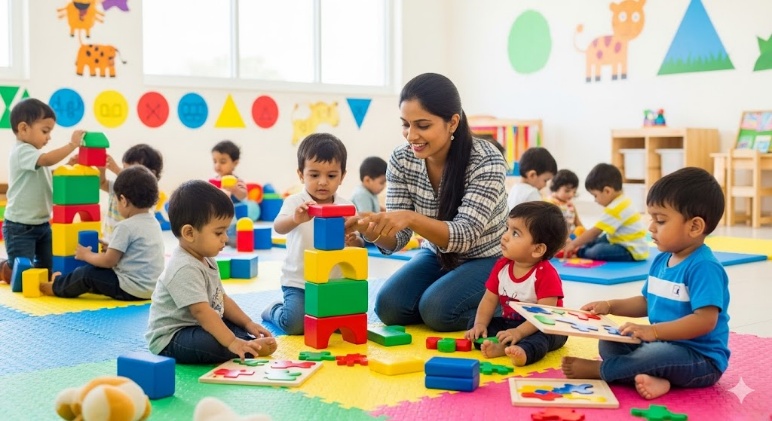 Playgroup programme for 2–3 year olds at Shanthi Juniors – activity-based early learning in Cuddalore